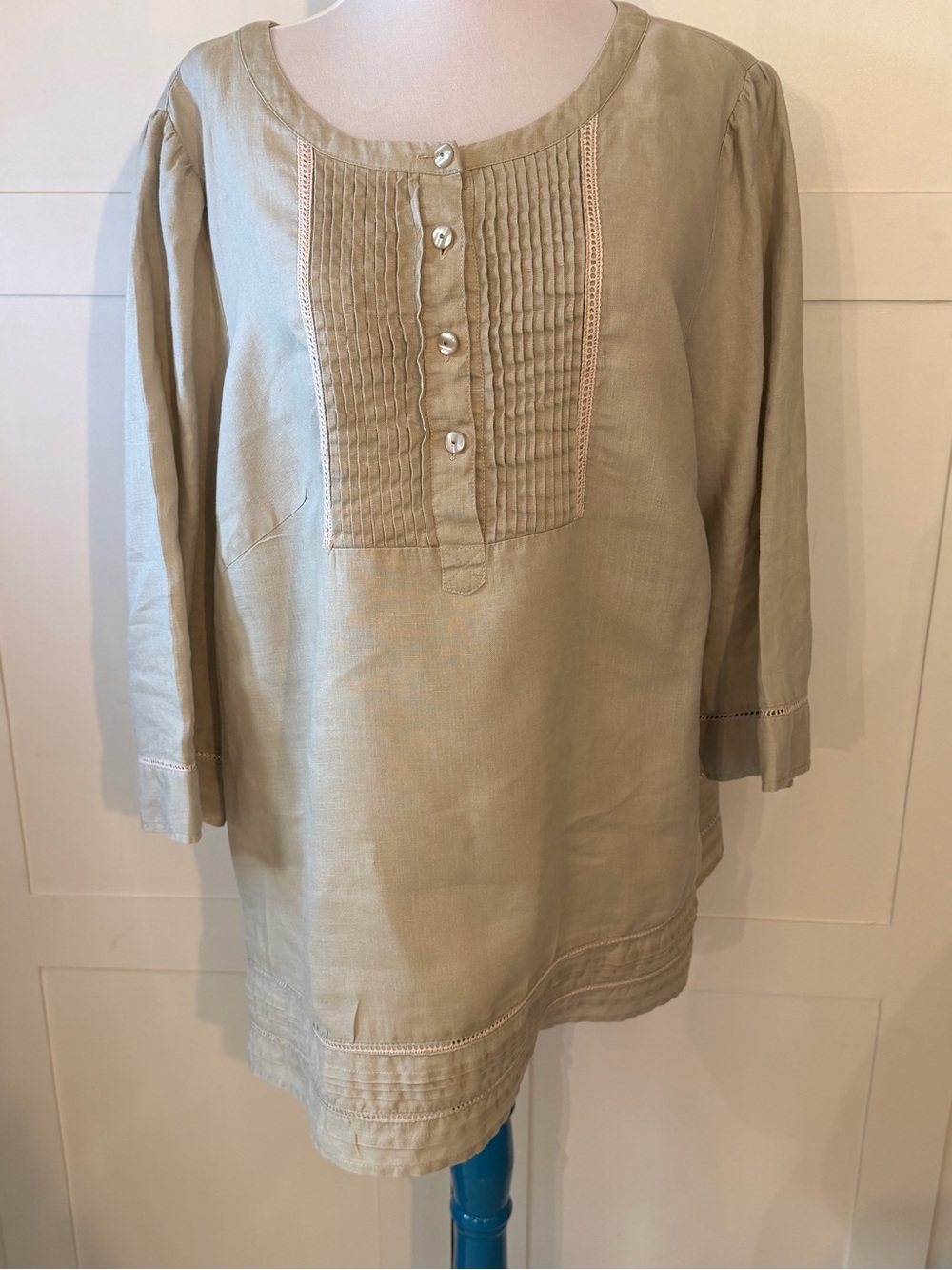 Peter Martin Linen Beige Pintuck Button Front Tunic 2X